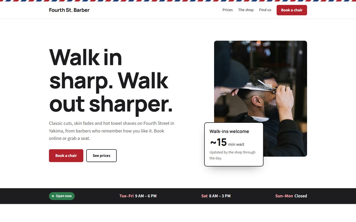Homepage of the Fourth Street Barber sample site