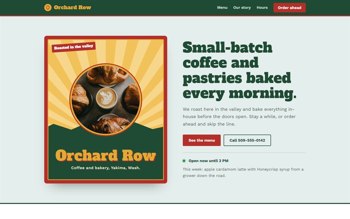Homepage of the Orchard Row Coffee sample site