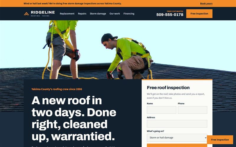 Ridgeline Roofing concept site on a desktop